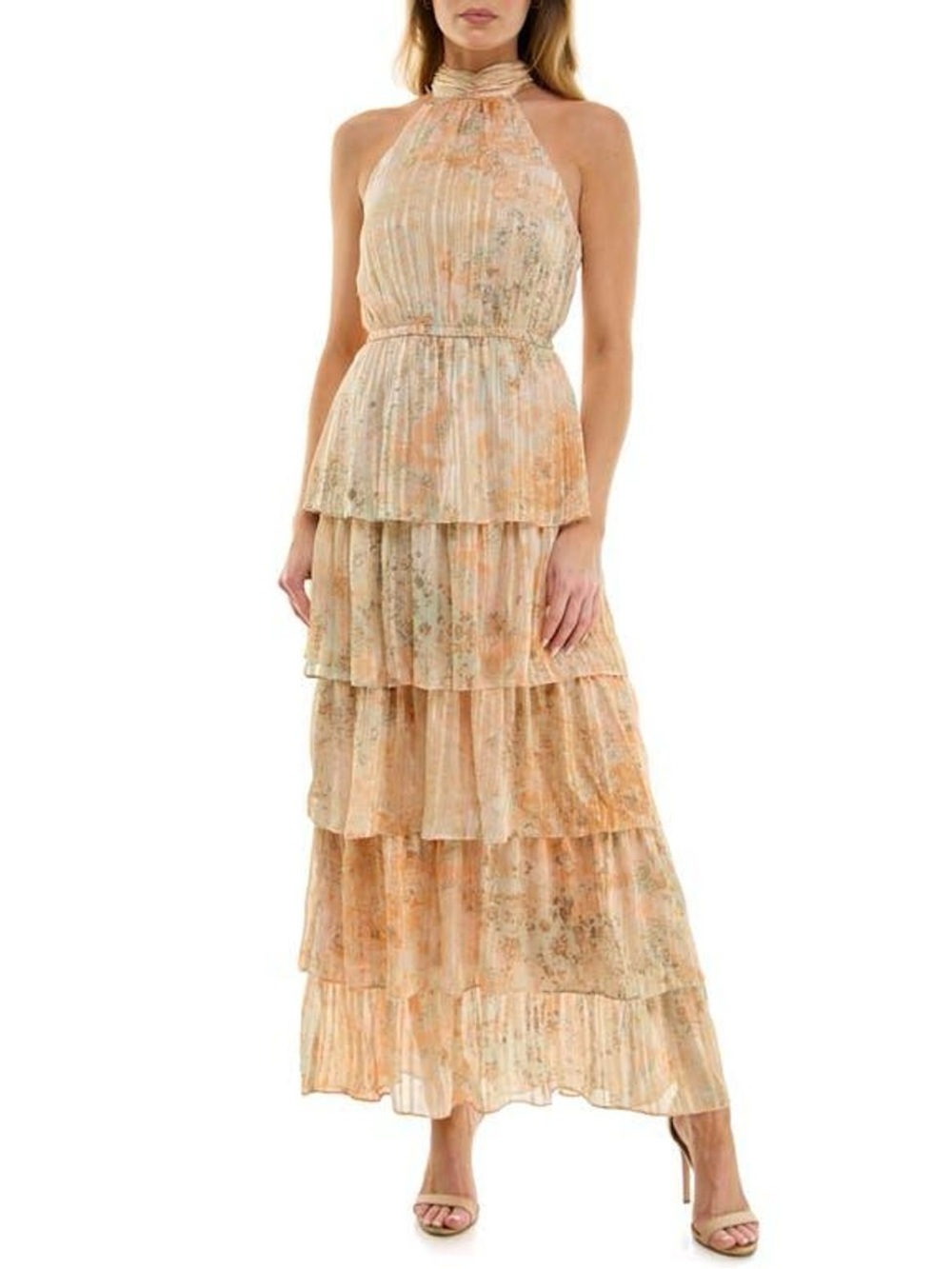 Socialite Peach Floral Halter Tiered Maxi Dress
